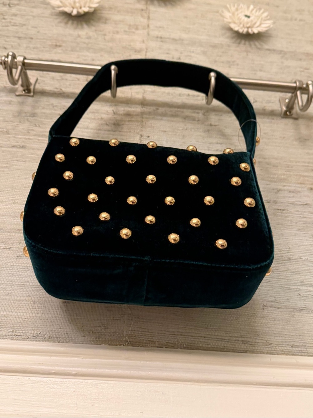 NWOT New without tags Anthropologie studded velvet shoulder bag purse dark green - Picture 11 of 16